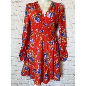 Zara Womens Small Wrap Dress Red Floral Ruched Sleeves Lined Cruise Wear NWT